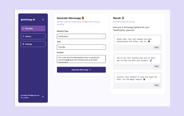 QuickCopy AI generation workflow preview